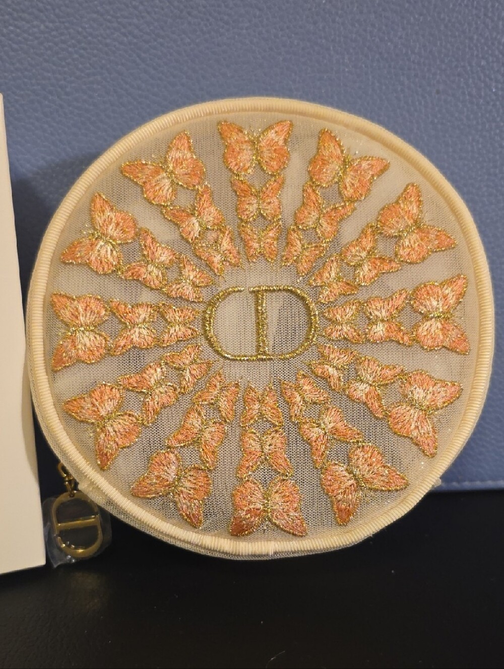 Exclusive New Christian Dior Ebroidered Butterfly Round Pouch - Cream and Peach